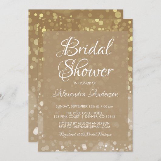 金ゴールドスパークルグリッターライトブライダルシャワー 招待状 (正面/裏面)