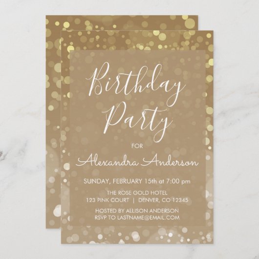 金ゴールドスパークルグリッターライト任意の年齢誕生日 招待状 (正面/裏面)