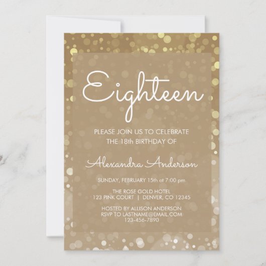 金ゴールドスパークルグリッターライト18誕生日 招待状 (正面)