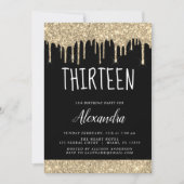 金ゴールドスパークルグリッター13th13誕生日 招待状 (正面)
