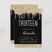 金ゴールドスパークルグリッター13th13誕生日 招待状 (正面/裏面)