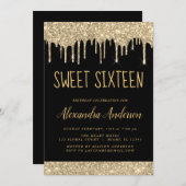 金ゴールドスパークルグリッターSweet sixteen誕生日 招待状 (正面/裏面)