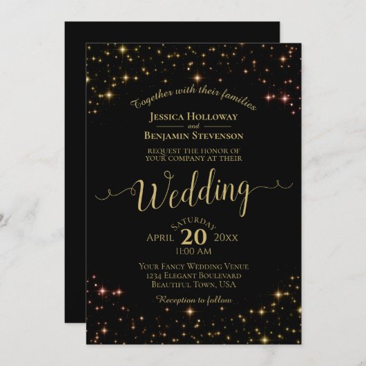金ゴールドスパークルスターオンブラックエレガントな結婚式 招待状 (正面/裏面)