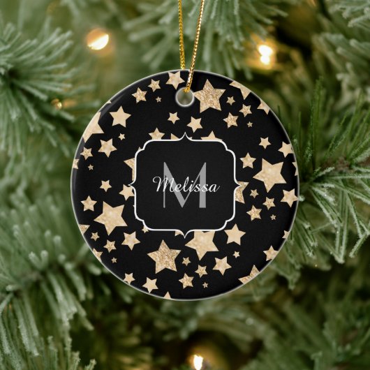 金ゴールドスパークルスタークリスマスホリデーモノグラムブラック セラミックオーナメント (ツリー)