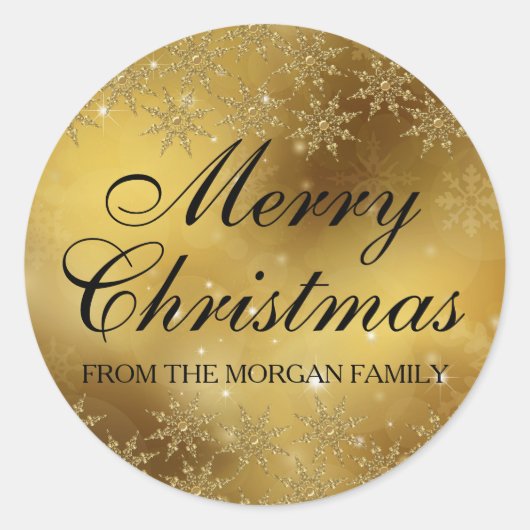 金ゴールドスパークルスノーフレーククリスマスホリデーステッカー ラウンドシール (正面)