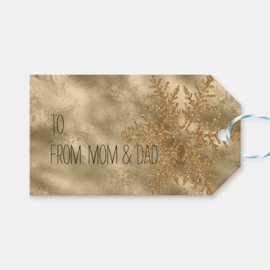 金ゴールドスパークルスノーフレークグリッター ギフトタグ (正面(横))