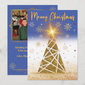 金ゴールドスパークルスノー&クリスマスツリーとブルー シーズンカード (正面/裏面)