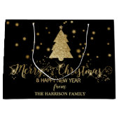 金ゴールドスパークルズメリークリスマスツリーブラック ラージペーパーバッグ (正面)