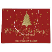 金ゴールドスパークルズメリークリスマスツリーレッド ラージペーパーバッグ (正面)
