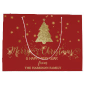 金ゴールドスパークルズメリークリスマスツリーレッド ラージペーパーバッグ (裏面)