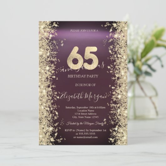 金ゴールドスパークルダイアモンズバーガンディ65誕生日 招待状 (スタンド正面)