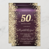 金ゴールドスパークルダイヤモンドバーガンディ50誕生日 招待状 (正面/裏面)