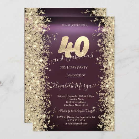 金ゴールドスパークルダイヤモンドブルゴーニュ40歳の誕生日 招待状 (正面/裏面)