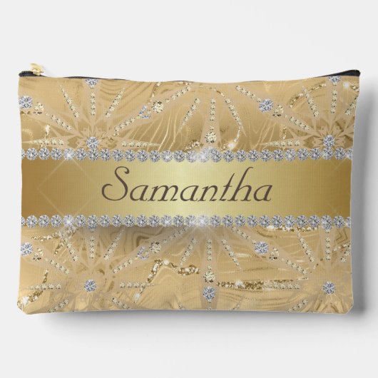 金ゴールドスパークルダイヤモンド付きスノーフレーク名前をカスタムする アクセサリーポーチ (正面)