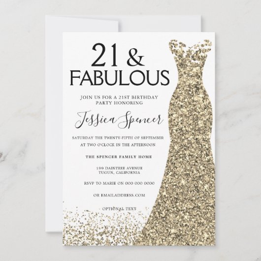 金ゴールドスパークルドレスガールズ21st誕生日パーティー 招待状 (正面)