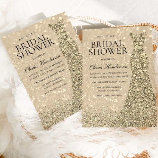 金ゴールドスパークルドレスシャンパンきらめくブライダルシャワー 招待状