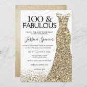 金ゴールドスパークルドレス女性100thバースデーパーティー 招待状 (正面/裏面)