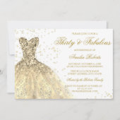 金ゴールドスパークルドレス女性30th誕生日パーティー 招待状 (正面)