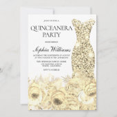 金ゴールドスパークルドレス&フラワーズキンセアニェラパーティー 招待状 (正面)