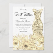 金ゴールドスパークルドレス&フラワーズスウィート16パーティー 招待状 (正面)