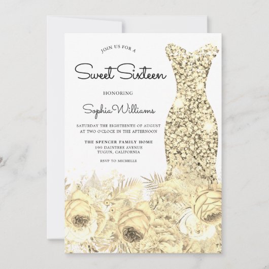 金ゴールドスパークルドレス&フラワーズスウィート16パーティー 招待状 (正面)