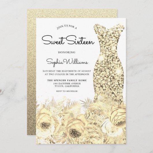 金ゴールドスパークルドレス&フラワーズスウィート16パーティー 招待状 (正面/裏面)