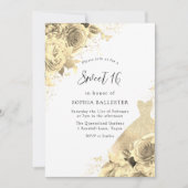 金ゴールドスパークルドレス&フラワーズスウィート16パーティー 招待状 (正面)