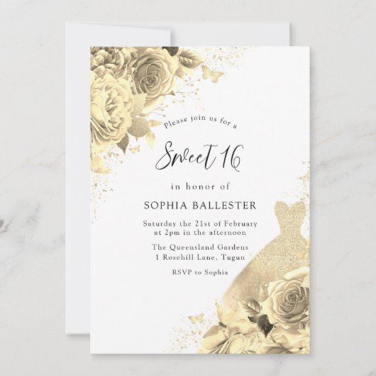 金ゴールドスパークルドレス&フラワーズスウィート16パーティー 招待状 (正面)