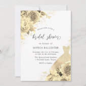 金ゴールドスパークルドレス&フラワーズブライダルシャワー 招待状 (正面)