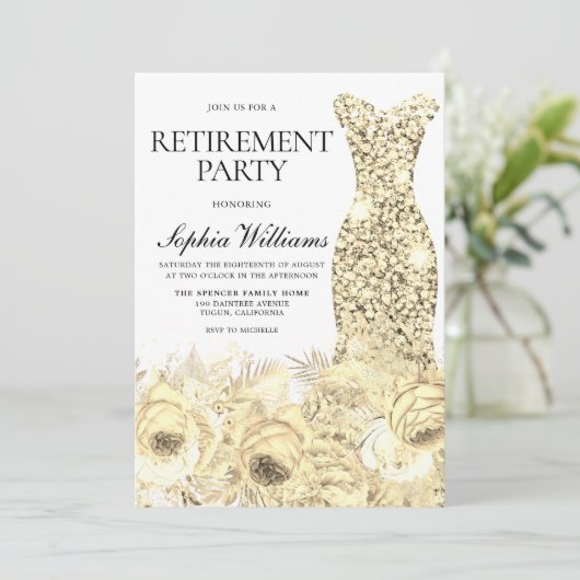 金ゴールドスパークルドレス&フラワーズリタイアメントパーティー 招待状 (スタンド正面)