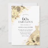金ゴールドスパークルドレス&フラワーズ女性60誕生日 招待状 (正面)