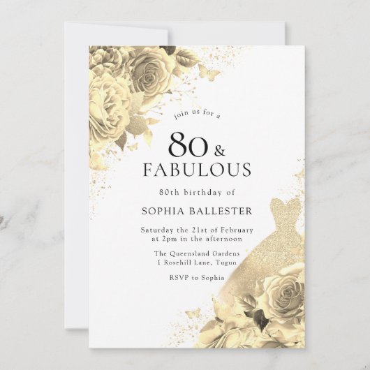 金ゴールドスパークルドレス&フラワーズ女性80誕生日 招待状 (正面)