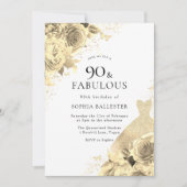 金ゴールドスパークルドレス&フラワーズ女性90誕生日 招待状 (正面)