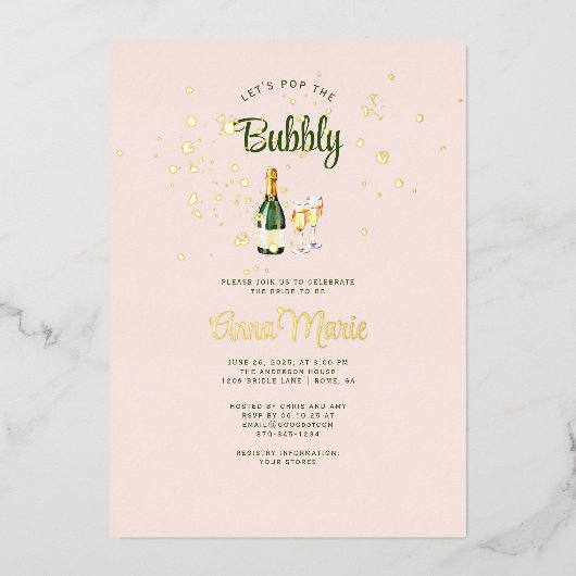 金ゴールドスパークルフェミニンブルンチバブリーブライダルシャワー 箔招待状 (正面)