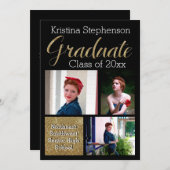 金ゴールドスパークルフォトコラージュ高校卒業 招待状 (正面/裏面)