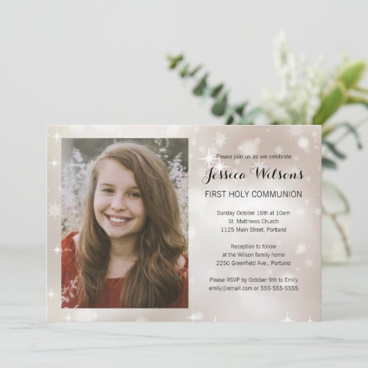 金ゴールドスパークルフォトファースト聖餐式 招待状 (スタンド正面)