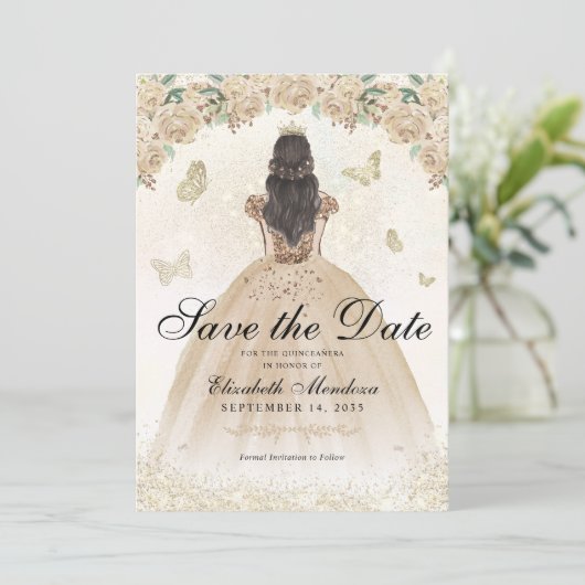 金ゴールドスパークルフローラプリンセスキンセアニラ誕生日 セーブザデート (スタンド正面)