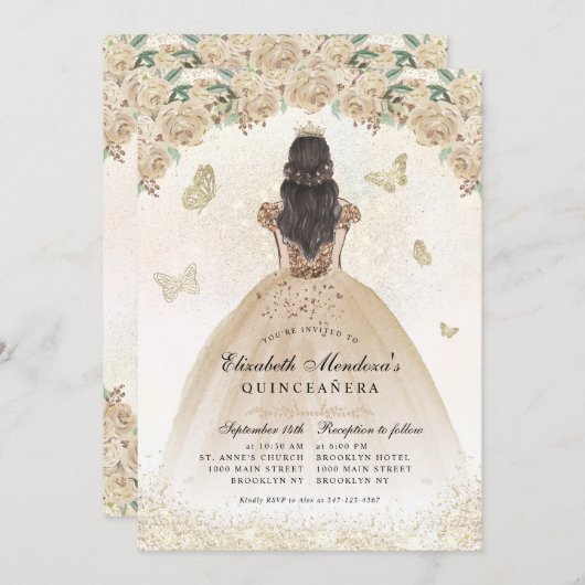 金ゴールドスパークルフローラプリンセスキンセアニラ誕生日 招待状 (正面/裏面)