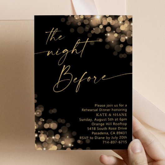 金ゴールドスパークルライトとブラックリハーサルディナー 招待状