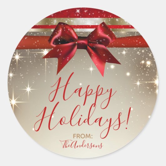 金ゴールドスパークルレッドボウエレガントグラムホリデービープ ラウンドシール (正面)