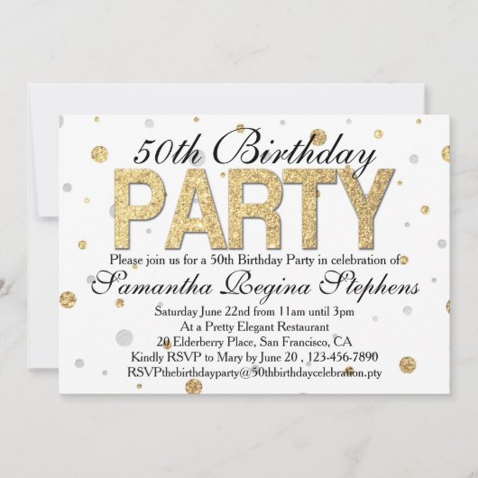 金ゴールドスパークル紙吹雪50th誕生日パーティー 招待状 (正面)