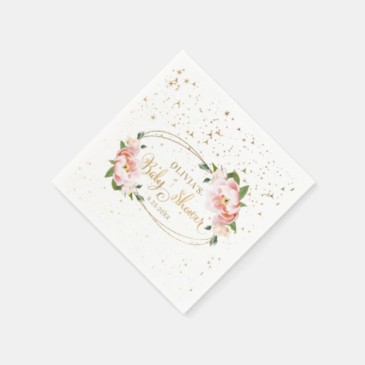 金ゴールドスパークル赤面ピンクフローラベビーガールシャワー スタンダードカクテルナプキン (角)