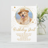 金ゴールドスパーソナライズされたツペットフォトドッグ誕生日 招待状 (スタンド正面)