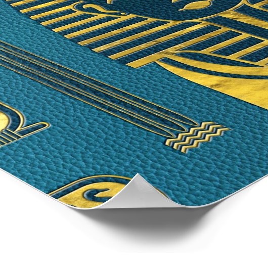 金ゴールドスフィンクスの頭と青のエジプトの象形文字 ポスター (角)