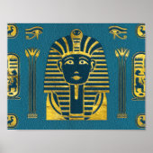 金ゴールドスフィンクスの頭と青のエジプトの象形文字 ポスター (正面)