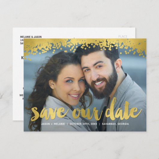 金ゴールドスフェイククリプト箔の写真の保存日付 案内ポストカード (正面/裏面)