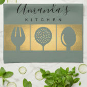 金ゴールドスフェイクプーンフォークスキマーシェフ キッチンタオル (折り畳み)