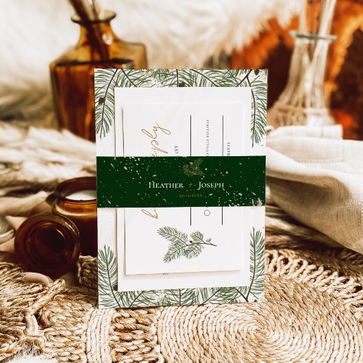 金ゴールドスプラッシュお洒落グリーンパインコーン結婚ズ 招待状ベリーバンド
