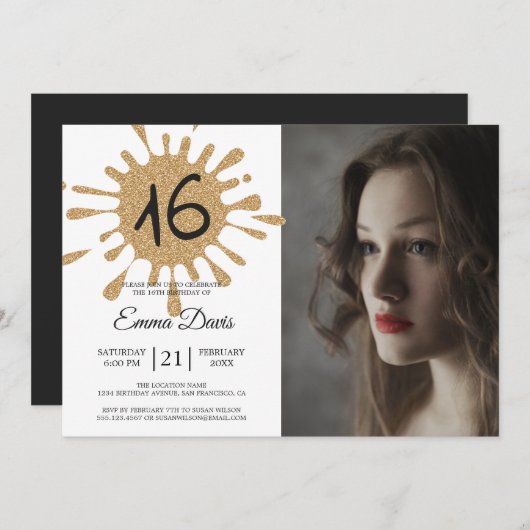 金ゴールドスプラッシュスウィート16 16th誕生日パーティーフォト 招待状 (正面/裏面)