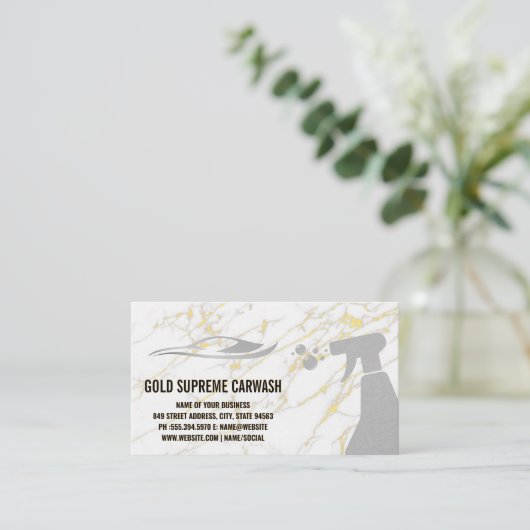 金ゴールドスプレーと自動洗浄のロゴ |大理石 名刺 (スタンド正面)